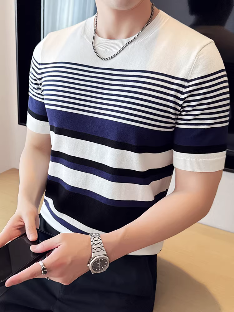 Áo thun nam tay ngắn dệt kim sọc cổ tròn chất lượng cao Tencel Lyocell, áo lót mùa hè mỏng, thân thiện với làn da, thoáng khí.