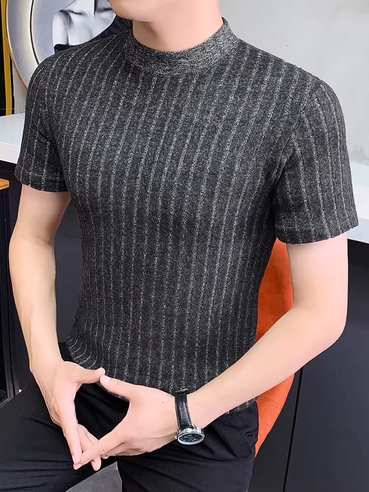 Áo thun nam dệt kim sọc, tay ngắn, thời trang thu đông 2025, kiểu dáng ôm body, cổ điển, áo lót