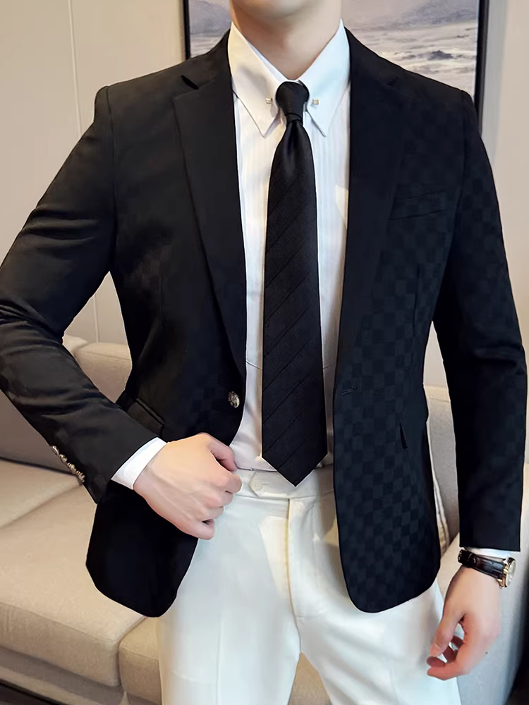 Áo khoác vest công sở một nút dành cho nam, hợp thời trang, thời thượng, cao cấp, ôm dáng, đẹp trai, trang phục công sở lịch sự, áo vest kẻ sọc.