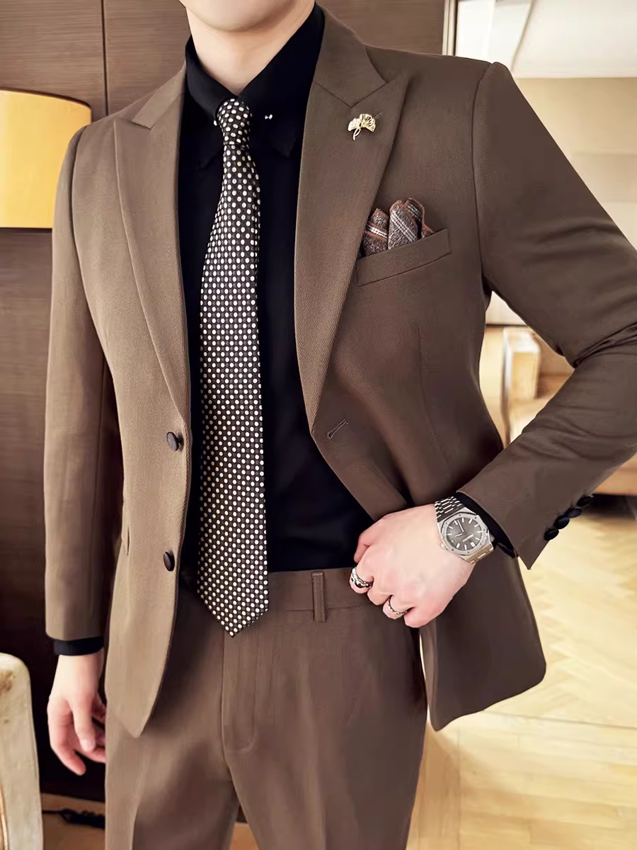 Bộ vest kẻ sọc nam, ve nhọn, chất lượng cao, phong cách kinh doanh lịch sự, đa năng, ôm dáng, thời trang, không nhăn, hai mảnh