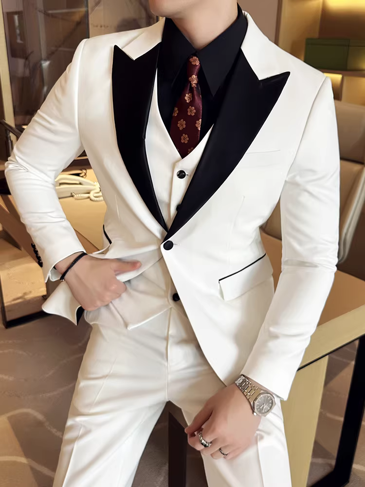 Bộ đồ cao cấp bộ đồ nam công sở thường ngày váy cưới chú rể kiểu Anh dáng ôm vừa vặn trang phục trang trọng bộ đồ màu trắng bộ đồ ba mảnh
