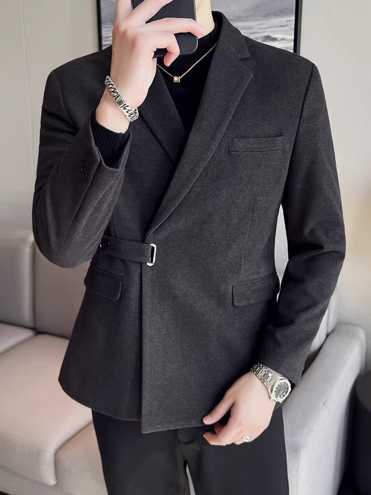 Áo khoác vest nam len, phiên bản dày dặn mùa thu đông, kiểu dáng ôm body cao cấp, cài khuy bên, đơn hàng nút, vest công sở lịch lãm.