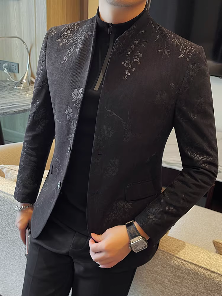 Áo blazer nam cổ đứng kiểu Trung Quốc mới, họa tiết hoa, thời trang xuân 2025, kiểu dáng ôm body, lịch lãm, cao cấp