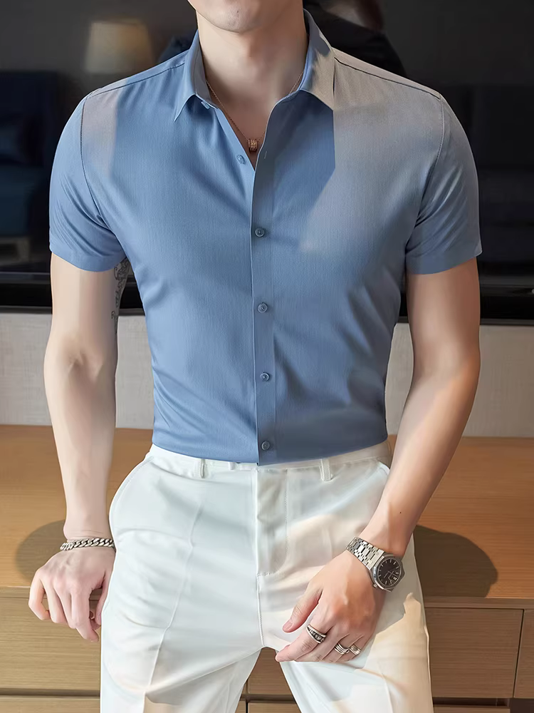 Áo sơ mi nam tay ngắn chất liệu lụa đá, kiểu dáng mỏng nhẹ, lịch sự, công sở, thường ngày, thoáng khí, ôm dáng, phong cách Anh quốc, lịch lãm