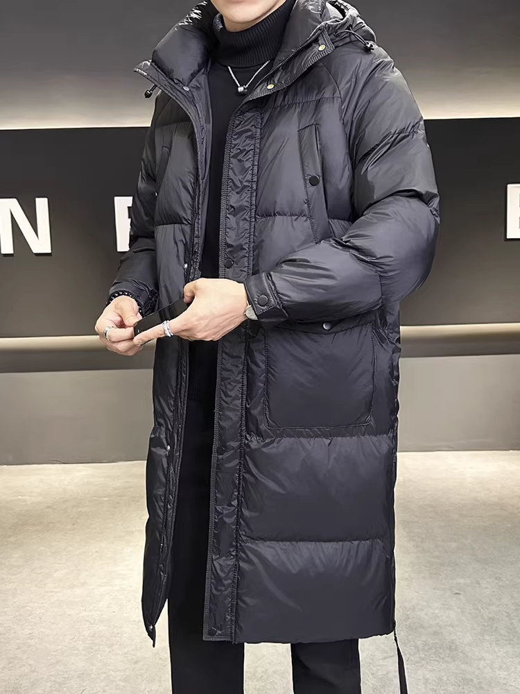 Áo khoác lông vũ dài quá gối có mũ nam, kiểu mới mùa đông 2025, thời trang cao cấp, hơi rộng, dày dặn và ấm áp.