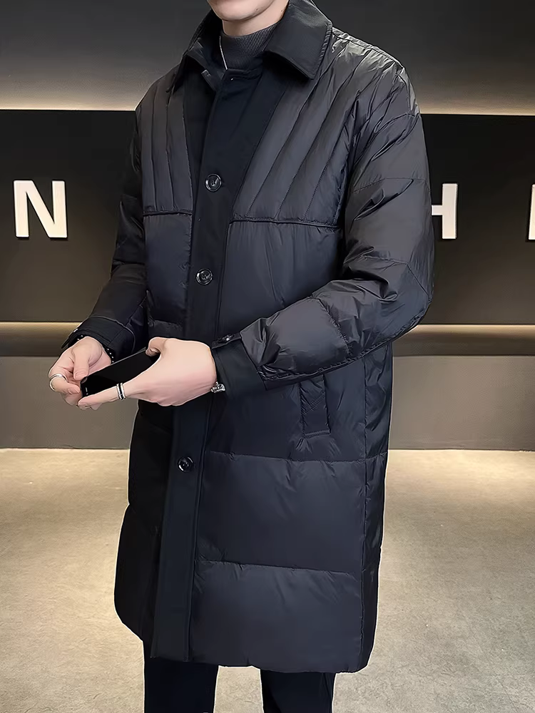 Áo khoác phao nam dài trung bình chất lượng cao tiêu chuẩn quốc gia 90%, kiểu mới mùa đông 2025, phối màu, cổ áo phối, dày dặn