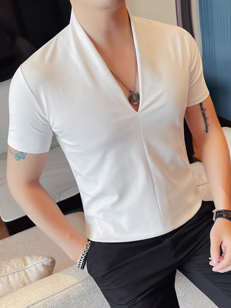 Áo thun nam tay ngắn thiết kế cổ chữ V, kiểu dáng mỏng mùa hè, thời trang cao cấp, ôm vừa vặn, đa năng, giản dị, áo thoáng khí