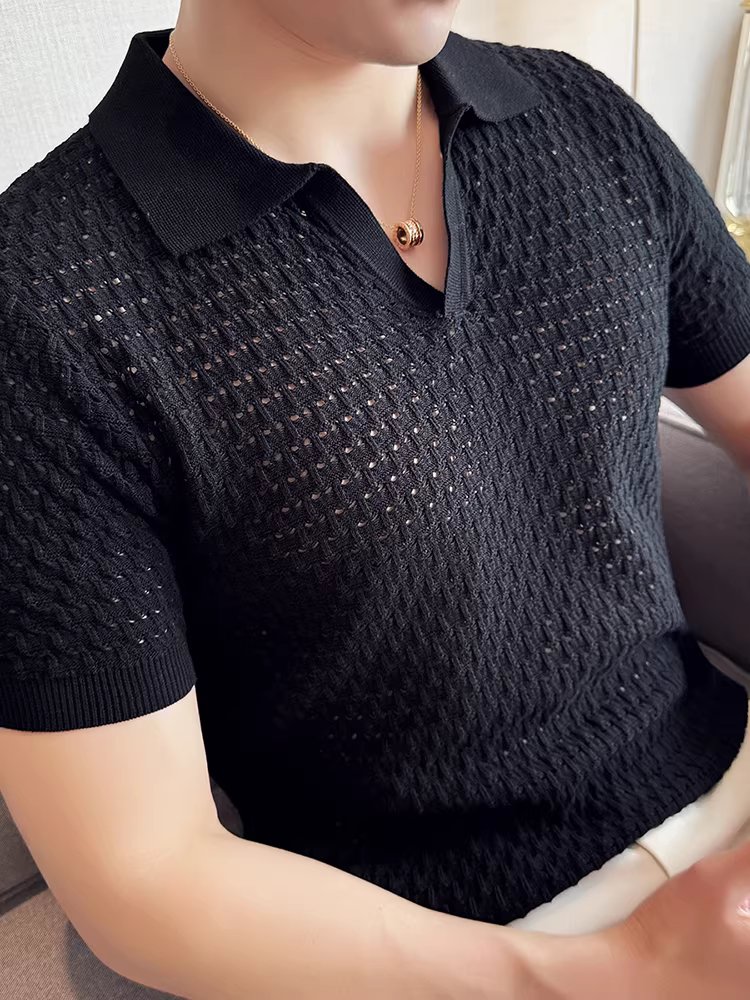 Áo polo cổ chữ V dệt kim rỗng cho nam, tay ngắn, kiểu dáng mỏng mùa hè, hợp thời trang, thời trang, ôm vừa vặn, đẹp trai, cảm giác cao cấp, áo thun có cổ.