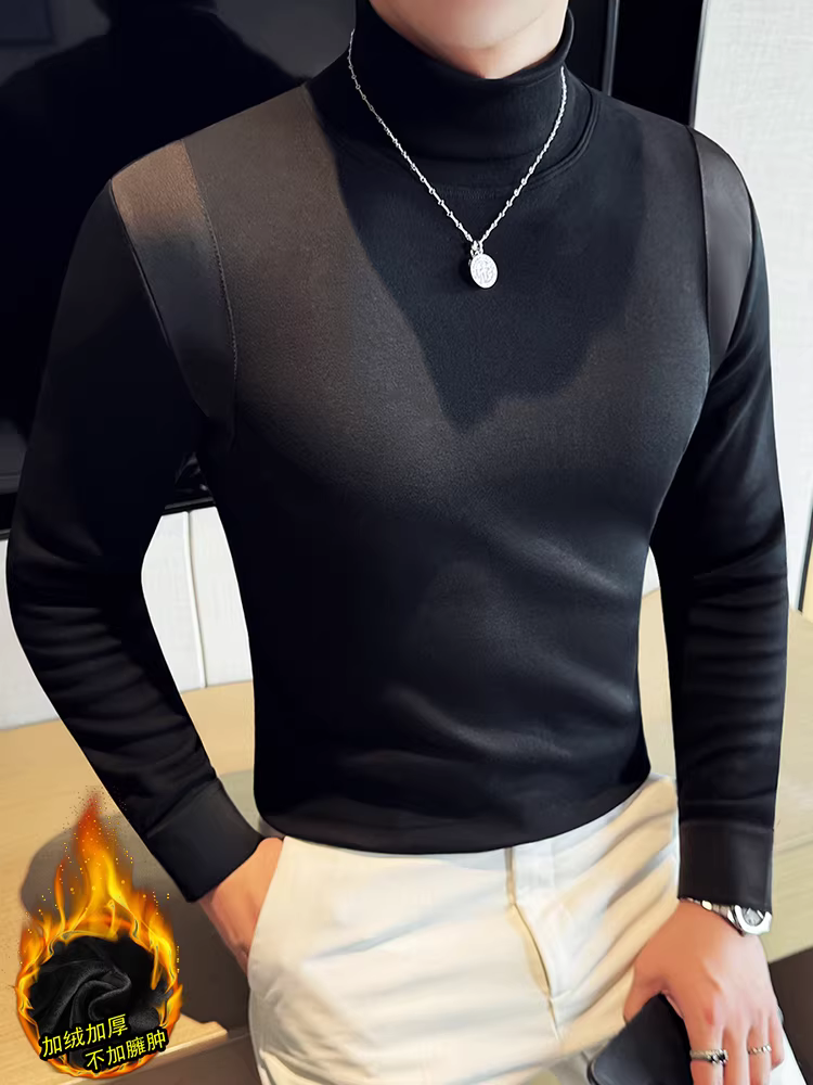 Áo thun nam cổ cao bằng nhung, dài tay, lót lông cừu mùa đông, dày dặn, ôm dáng, sành điệu, tay áo có khuy chắp vá, áo lót.