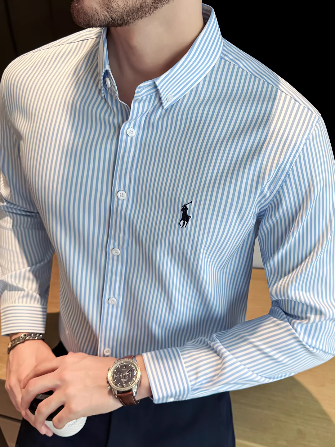Áo sơ mi dài tay thêu họa tiết hiệp sĩ phong cách cổ điển, áo sơ mi kẻ sọc công sở dành cho nam, màu xanh hoàng gia