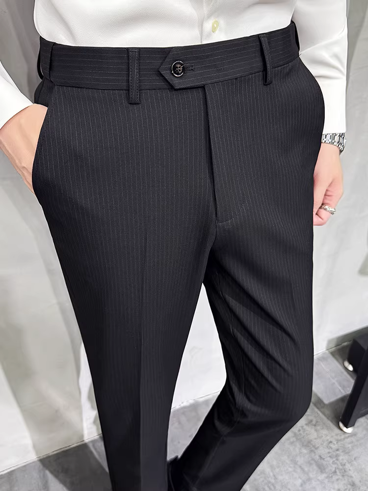 Quần âu nam lưng thun kẻ sọc, chất lượng cao, kiểu dáng đa năng, chất liệu mềm mại, ôm dáng, kiểu dáng thon gọn.