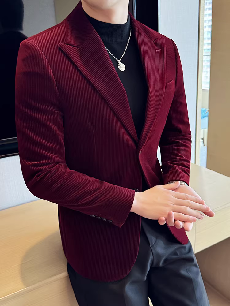 Áo blazer kẻ sọc chất liệu corduroy dành cho nam, kiểu dáng mới mùa thu 2025, cao cấp, ôm dáng, lịch sự, dễ chăm sóc.