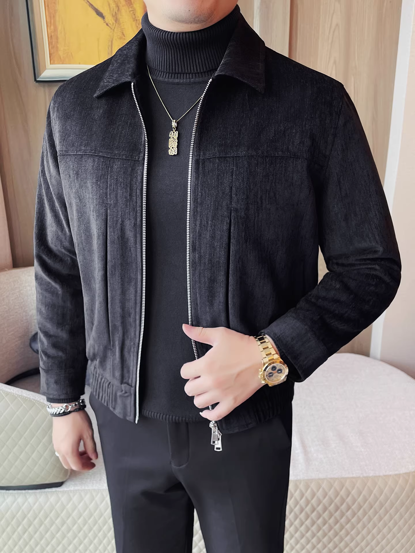 Áo khoác nam lót bông dày dặn chất liệu da lộn, kiểu dáng mới thu đông 2025, cổ trụ ôm dáng ngắn, chất lượng cao