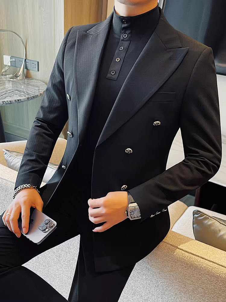 Bộ vest nam hai hàng khuy, kiểu mới thu đông 2024, phong cách công sở lịch lãm, đa năng, ôm dáng, áo vest thời trang