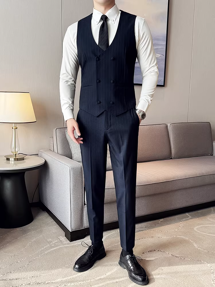 Bộ vest sọc hai hàng khuy dành cho nam, phong cách công sở giản dị, thời trang cao cấp, dáng ôm, vest phù rể đám cưới.
