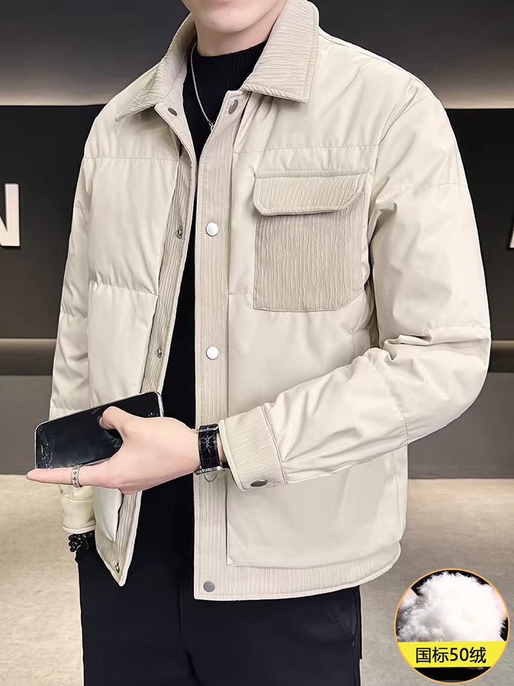Áo khoác phao nhẹ cổ áo sơ mi phối chất lượng cao dành cho nam, kiểu mới mùa đông 2025, đa năng, nhẹ, ấm, kiểu ngắn.