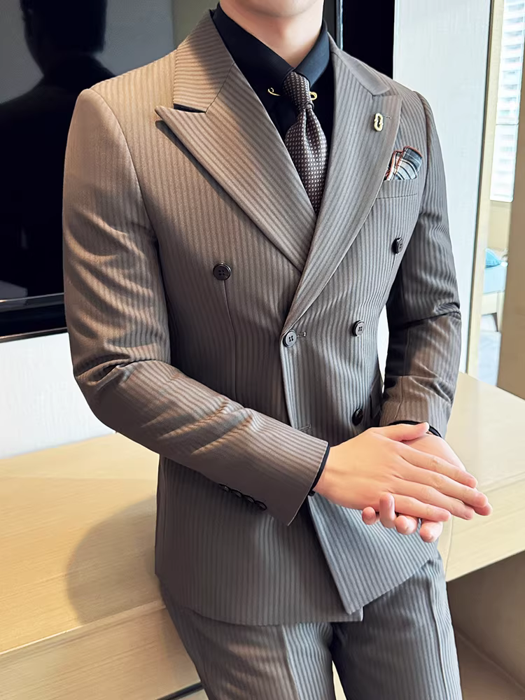 Bộ vest nam kẻ sọc hai hàng khuy kiểu Anh, mùa xuân thu, mới, lịch sự, cao cấp, vest chú rể cưới