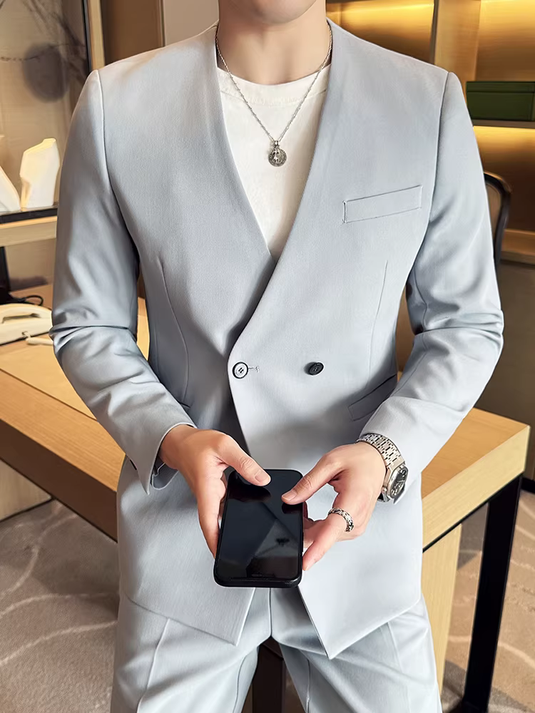 Áo blazer nam cổ chữ V liền mạch, kiểu dáng mỏng nhẹ mùa hè, hợp thời trang và sành điệu, ôm dáng, bộ vest công sở cao cấp.