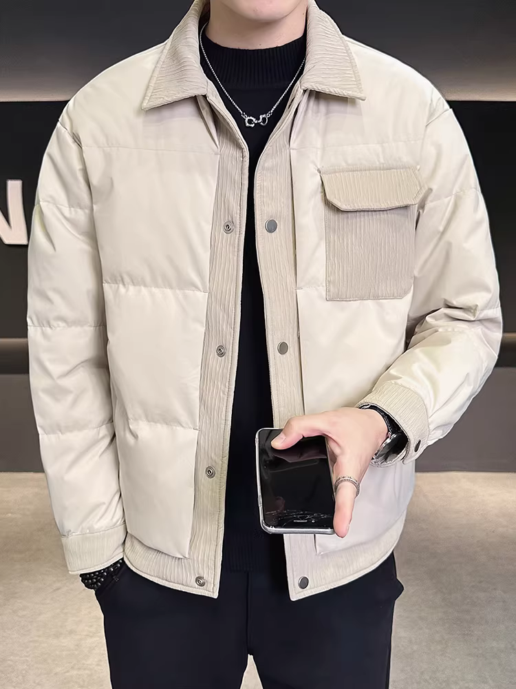 Áo khoác phao nhẹ cổ áo sơ mi phối chất lượng cao dành cho nam, kiểu mới mùa đông 2025, đa năng, nhẹ, ấm, kiểu ngắn.