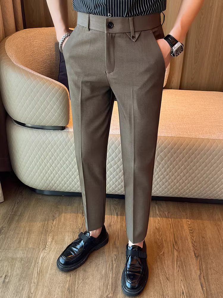 Quần âu nam chín phần, chất liệu cao cấp, thích hợp cho trang phục công sở lịch sự, đa năng, thời trang, hợp xu hướng, phong cách Anh, kiểu dáng thanh lịch, ôm dáng, quần âu ống côn.