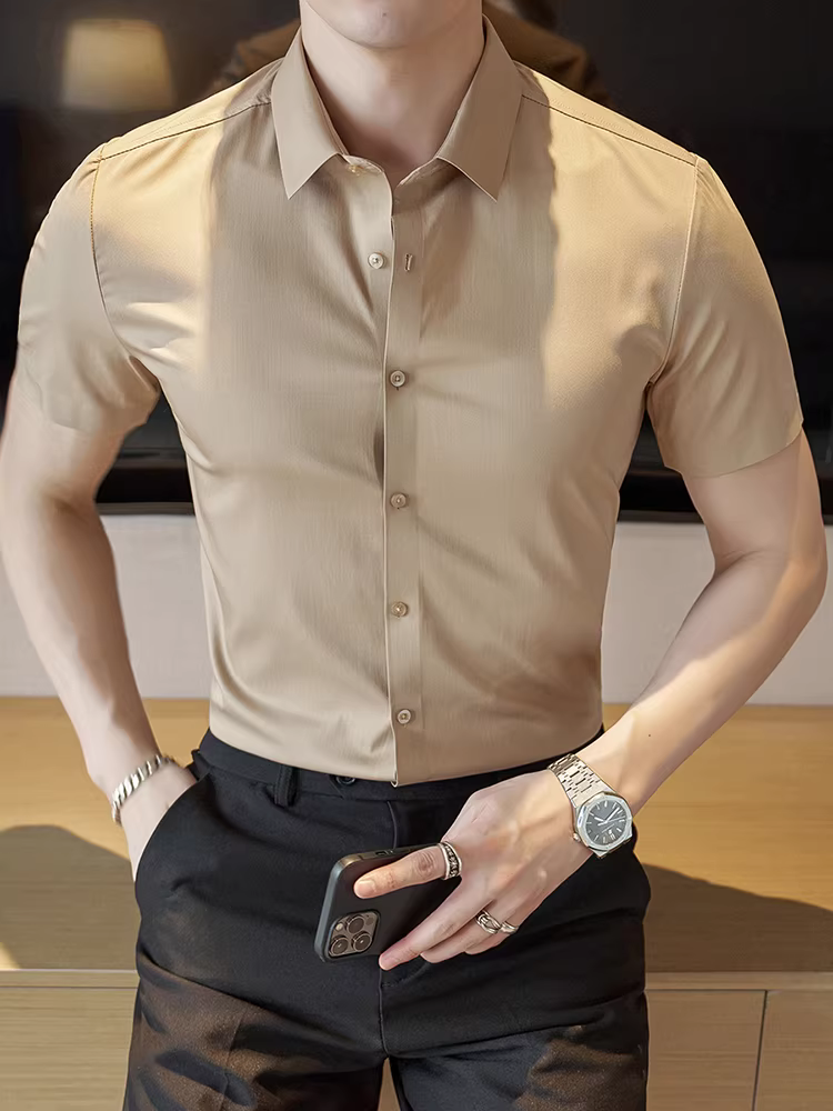 Áo sơ mi nam tay ngắn chất liệu lụa đá, kiểu dáng mỏng nhẹ, lịch sự, công sở, thường ngày, thoáng khí, ôm dáng, phong cách Anh quốc, lịch lãm