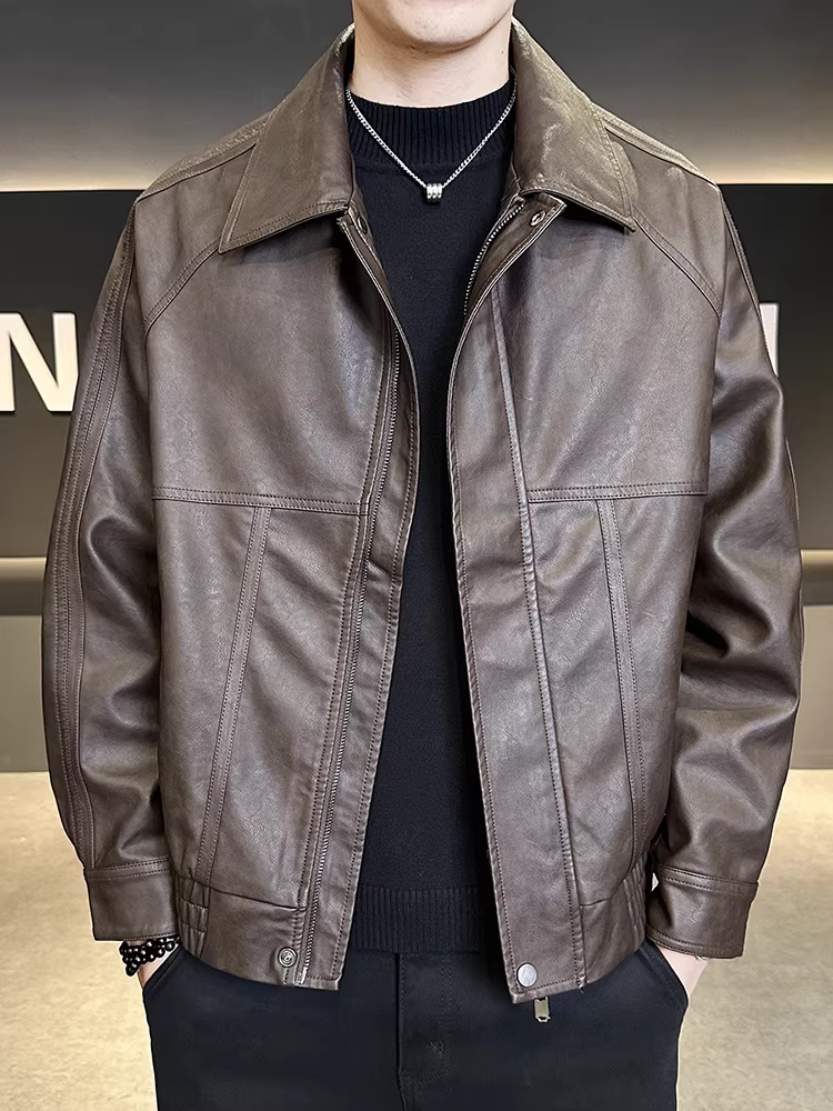 Áo khoác da nam có ve, kiểu dáng thời trang thu đông 2025, kiểu dáng ngắn, áo khoác da PU phong cách biker lịch lãm