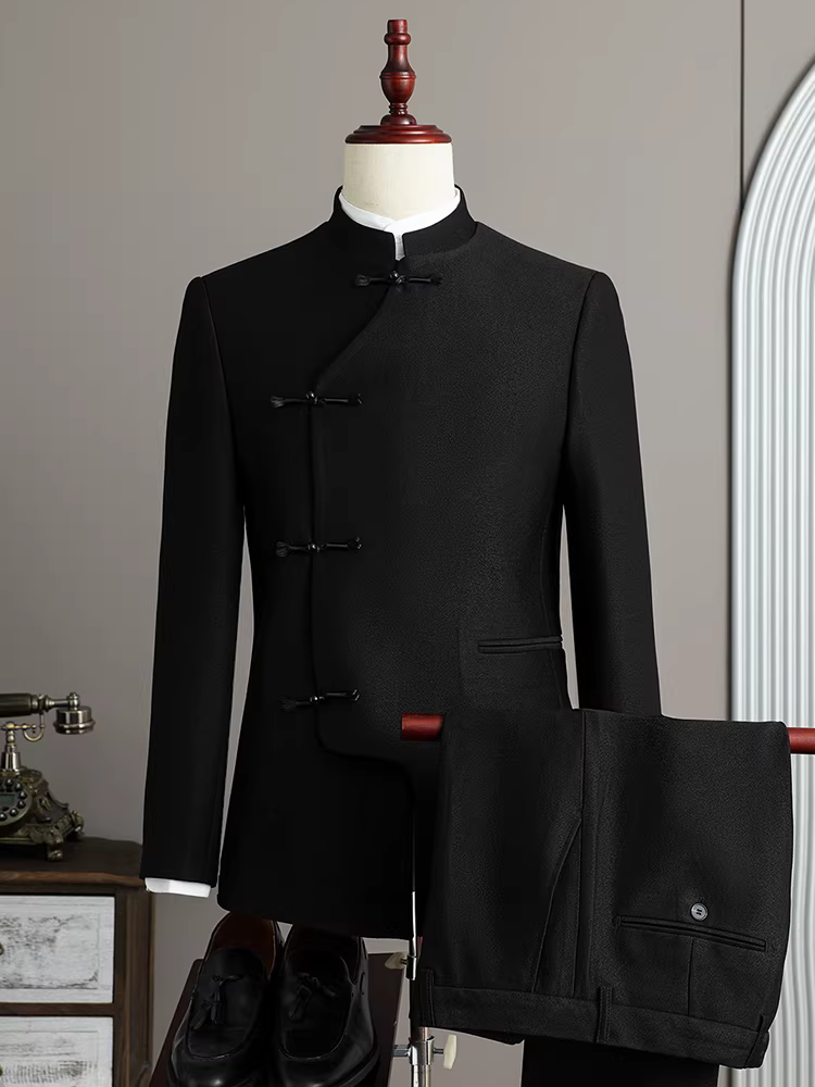 Bộ vest thắt nút kiểu Trung Quốc dành cho nam, trang phục dự tiệc chất lượng cao, trang phục công sở trang trọng, bộ đồ hai mảnh dễ chăm sóc