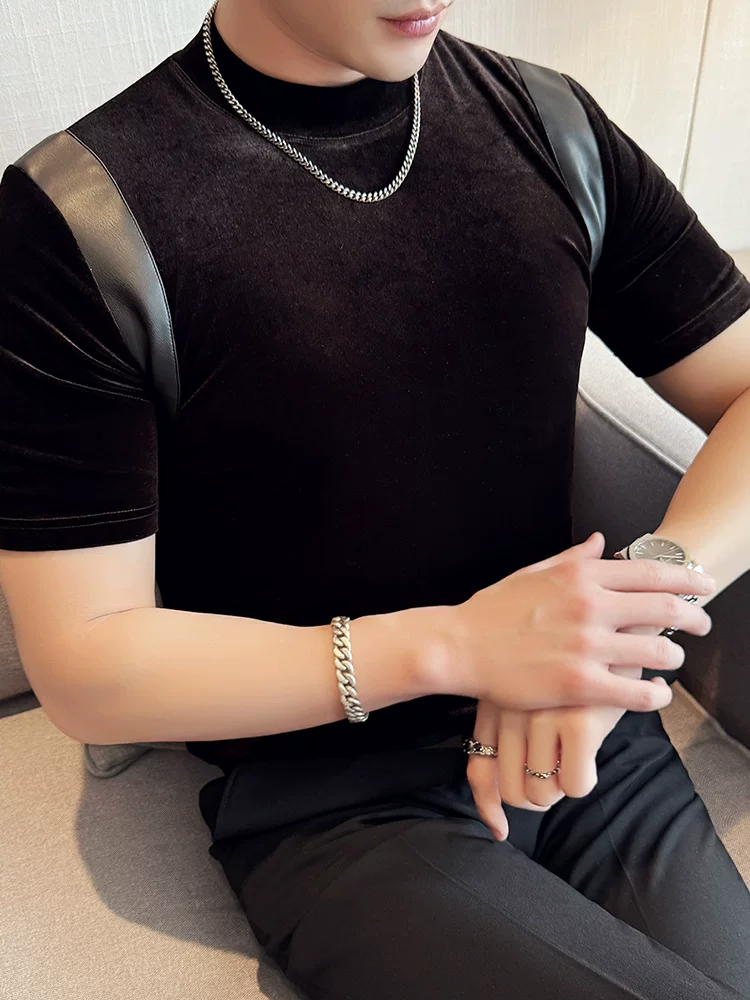 Áo thun nam tay ngắn cổ nhỏ phối da, thời trang xuân hè mới, áo lót ôm dáng cao cấp hợp xu hướng