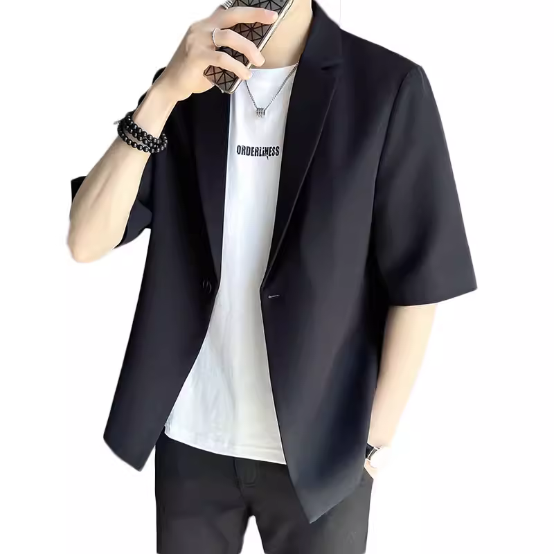 Bộ đồ lụa mỏng mùa hè dành cho nam, tay áo ba phần tư, áo khoác ngắn tay nam dáng rộng hợp thời trang, đa năng và phong cách.