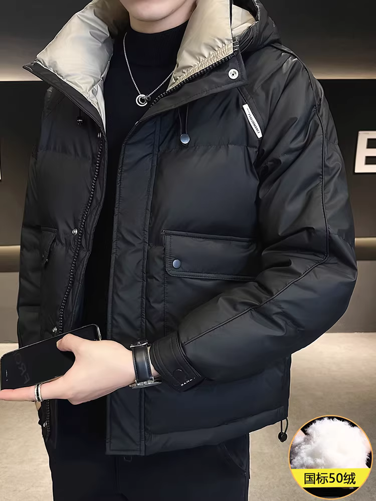 Áo khoác phao có mũ trùm đầu màu tương phản dành cho nam, kiểu mới mùa đông 2025, cao cấp, thời trang, lịch lãm, năng động và ấm áp.