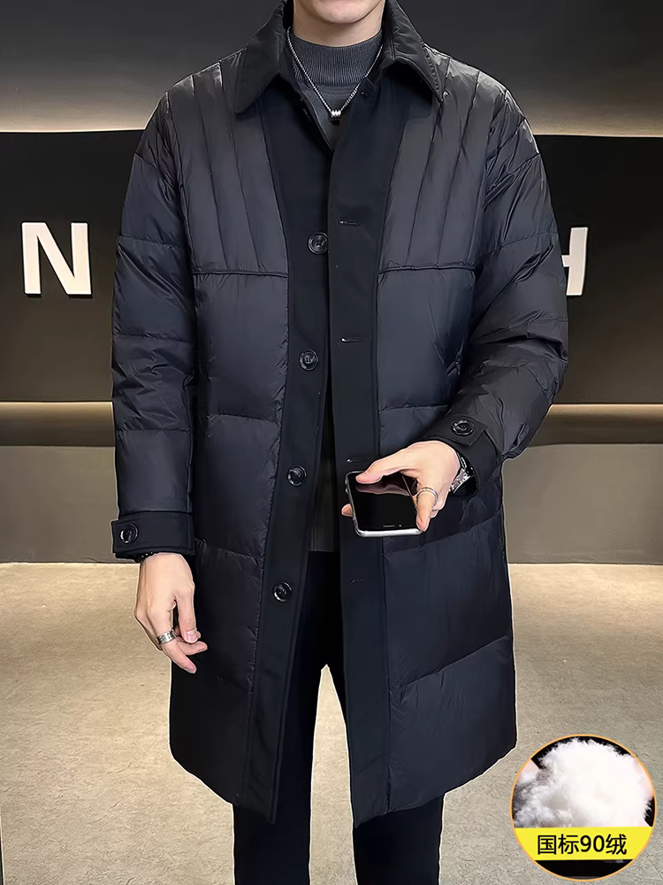 Áo khoác phao nam dài trung bình chất lượng cao tiêu chuẩn quốc gia 90%, kiểu mới mùa đông 2025, phối màu, cổ áo phối, dày dặn