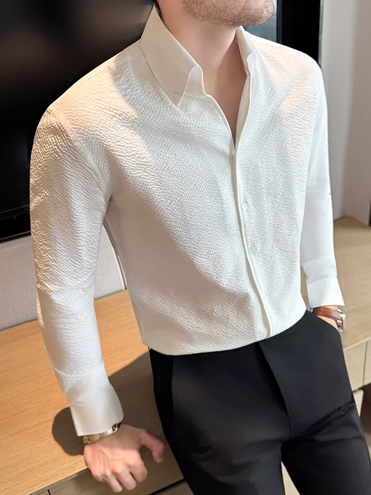 Áo sơ mi nam cổ V kiểu Pháp, tay dài, thời trang thu đông 2025, phong cách công sở lịch lãm, đa năng, không nhăn, dễ chăm sóc.