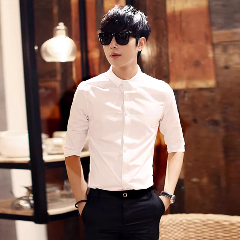 Áo sơ mi nam tay ba phần tư, phong cách Hàn Quốc, hợp thời trang, đẹp trai, đa năng, áo sơ mi nam tay lửng thường ngày, áo nửa tay màu trơn ôm sát đi club