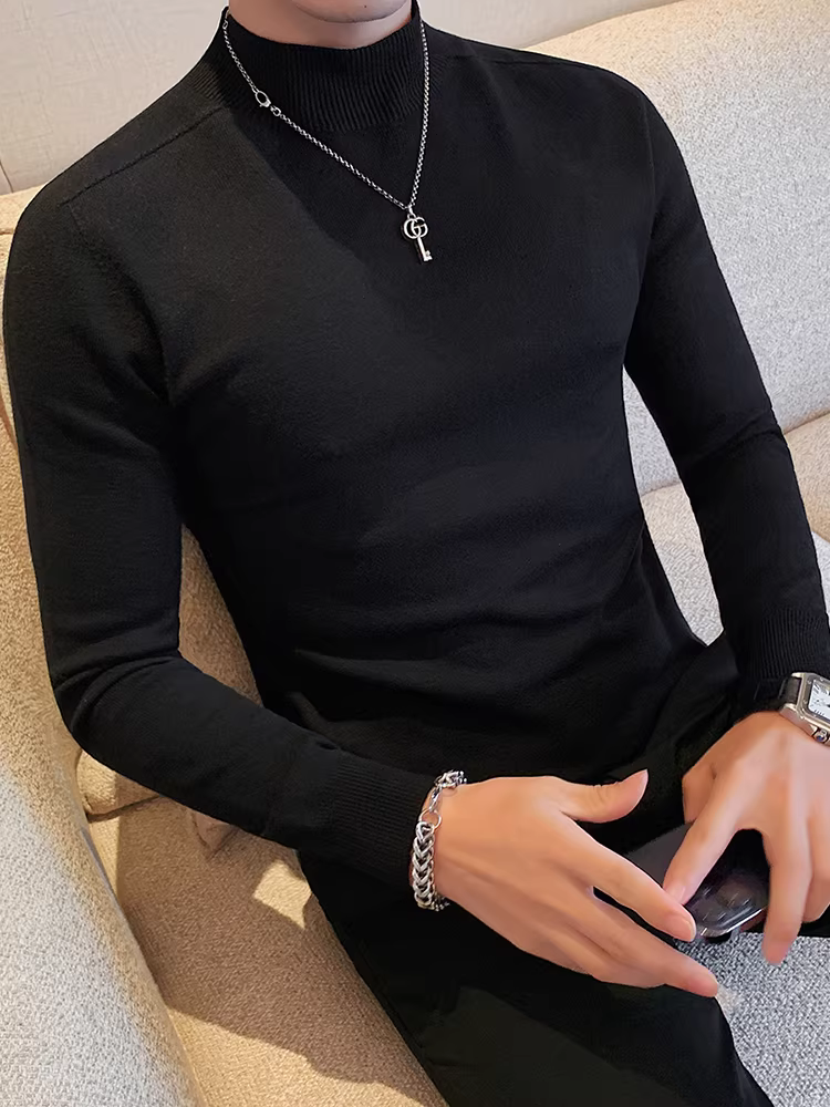 Áo len nửa cổ liền mạch dành cho nam, dài tay, kiểu dáng mới mùa thu đông, cảm giác cao cấp, hàng may sẵn cao cấp, áo sơ mi dệt kim cổ trung.