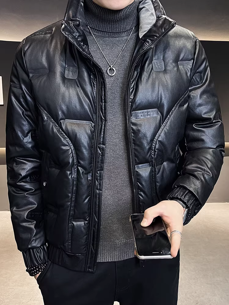 Áo khoác da PU cổ đứng dành cho nam, mùa đông 2024, kiểu dáng mới thời thượng, cao cấp, ngắn, nhẹ, ấm áp