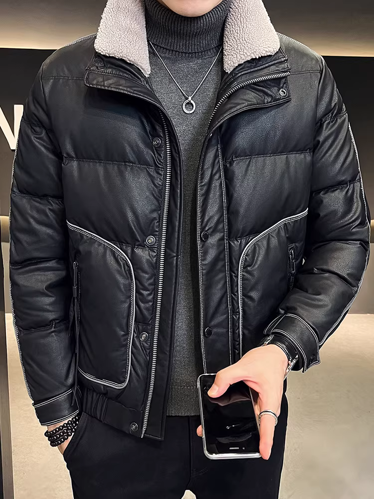 Áo khoác da nam cổ lông cừu mùa đông mới cao cấp thời trang hợp thời trang ngắn dày áo khoác ấm áp