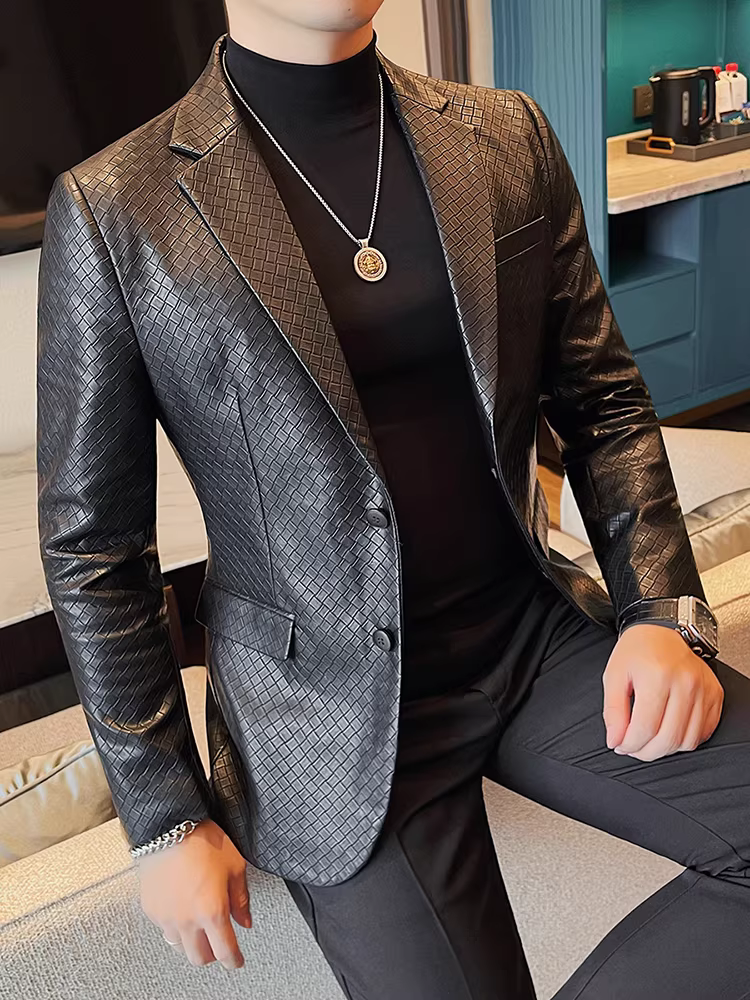Áo khoác da nam kẻ sọc dệt, dáng ôm, phong cách, cao cấp, lịch sự, đa năng, sang trọng nhẹ nhàng, vest cao cấp
