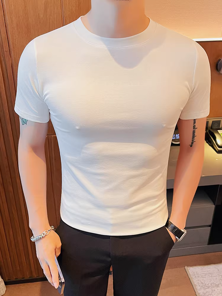 Áo thun nam ngắn tay mùa hè, màu trơn, cổ tròn, giản dị, đa năng, sành điệu, ôm vừa vặn, chất liệu cotton nguyên chất, phong cách Hàn Quốc hợp thời trang.