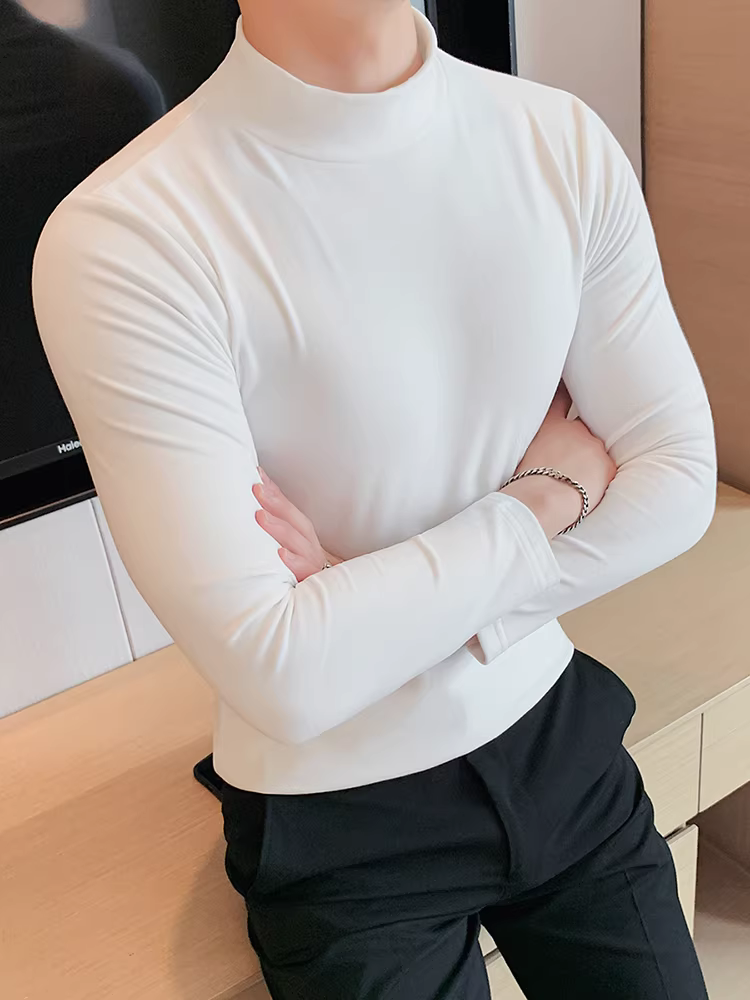 Áo thun cổ cao nửa cổ giữ nhiệt hai mặt dành cho nam, dài tay, dày dặn cho mùa thu đông, lớp lót đa năng, thân thiện với da, áo cổ trung bình ôm sát.