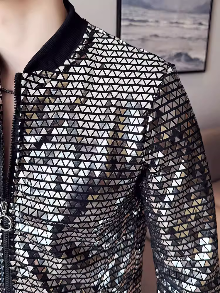 Áo khoác cổ bóng chày nam mùa xuân hè kiểu dáng mỏng cao cấp thời trang hợp thời trang cá tính quần áo biểu diễn sequin bạc