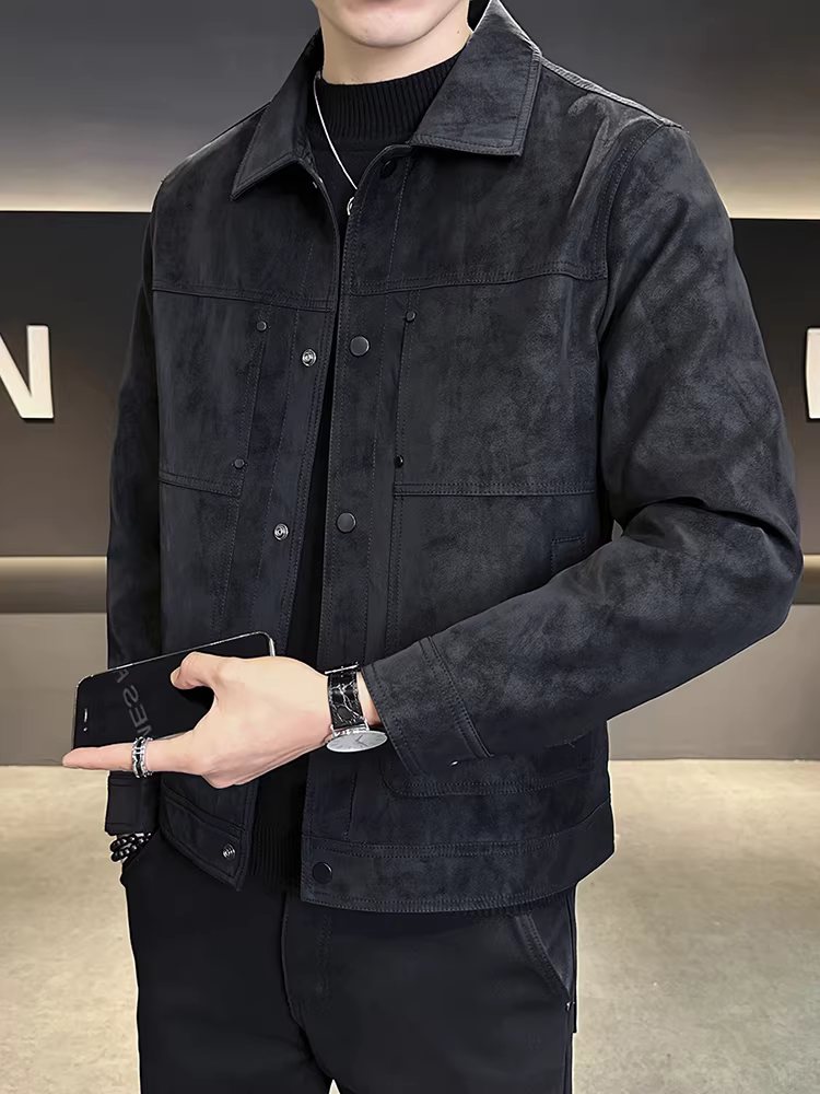 Áo khoác da lộn lót lông cừu và dày dặn dành cho nam, kiểu dáng thu đông mới, áo khoác công sở dáng ngắn có ve áo cao cấp.