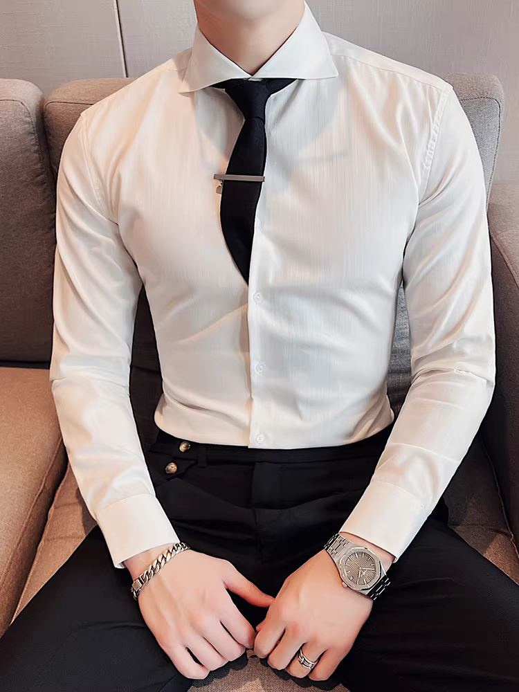 Áo sơ mi nam cổ Windsor một đường may, tay dài, kiểu mới xuân thu 2024, cao cấp, lịch lãm, lịch sự, đẹp trai