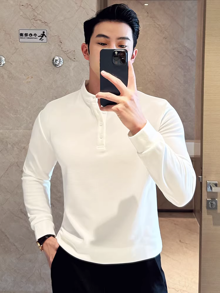 Áo polo cổ đứng kiểu Trung Quốc mới dành cho nam, dài tay, mùa xuân thu, màu trơn đơn giản, đa năng, hợp thời trang, áo thun cổ Henry ôm dáng.