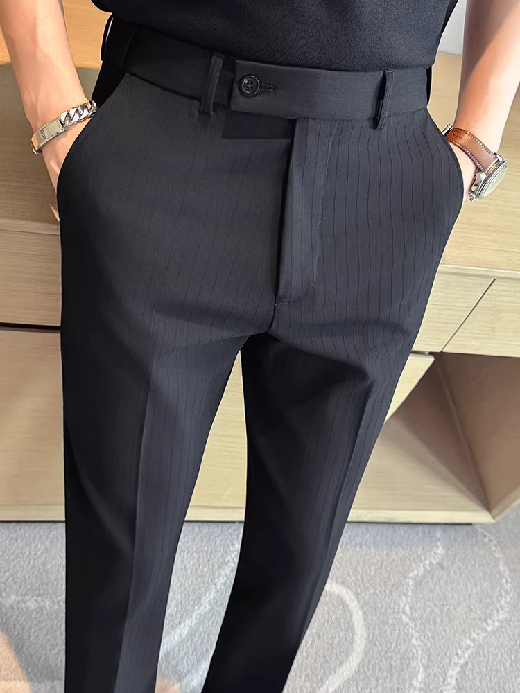 Quần âu nam lưng thun kẻ sọc tối màu, quần âu chất lượng cao, dáng suông, ôm dáng, dễ chăm sóc.