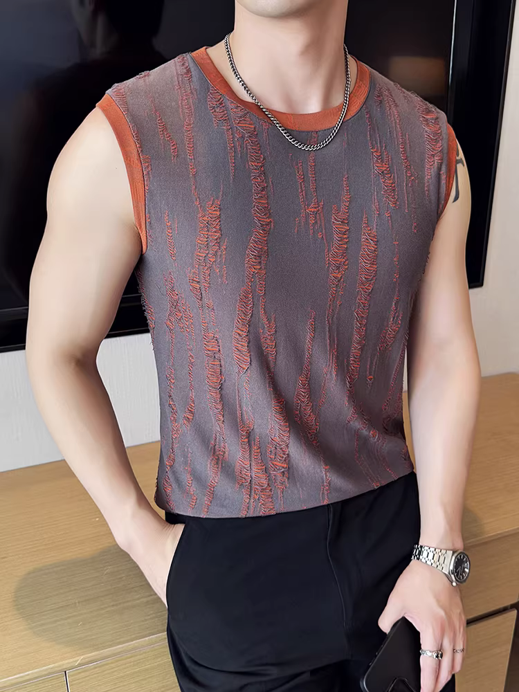 Áo gile nam không tay cổ tròn thiết kế rách cá tính, thời trang hè 2025 đa năng