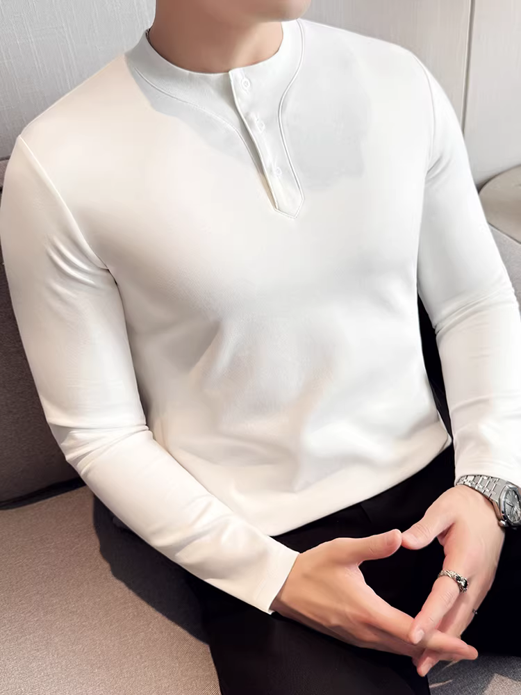 Áo thun dài tay cổ Henry dành cho nam, kiểu dáng dày dặn cho mùa thu đông, hợp thời trang, thời trang, ôm dáng, co giãn, đa năng, áo sơ mi cơ bản mát mẻ và sành điệu.