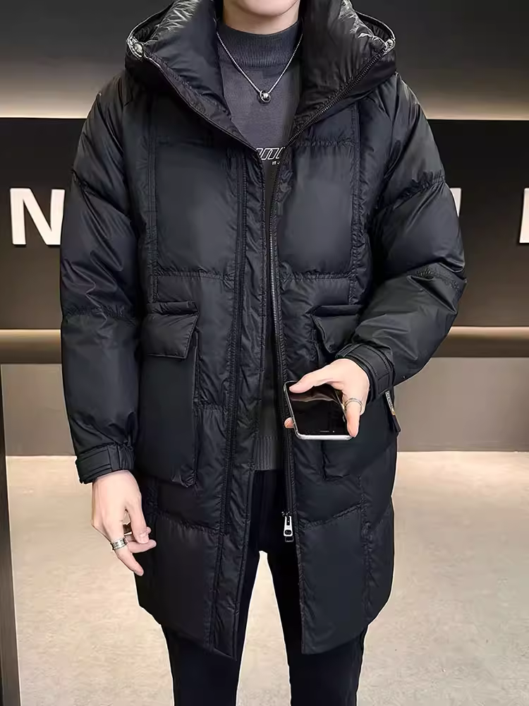 Áo khoác nam có mũ trùm đầu, dài vừa phải, dày dặn mùa đông, ấm áp, chất lượng cao, nhẹ nhàng sang trọng, hợp thời trang, thời trang, giản dị, áo khoác ngoại cỡ.