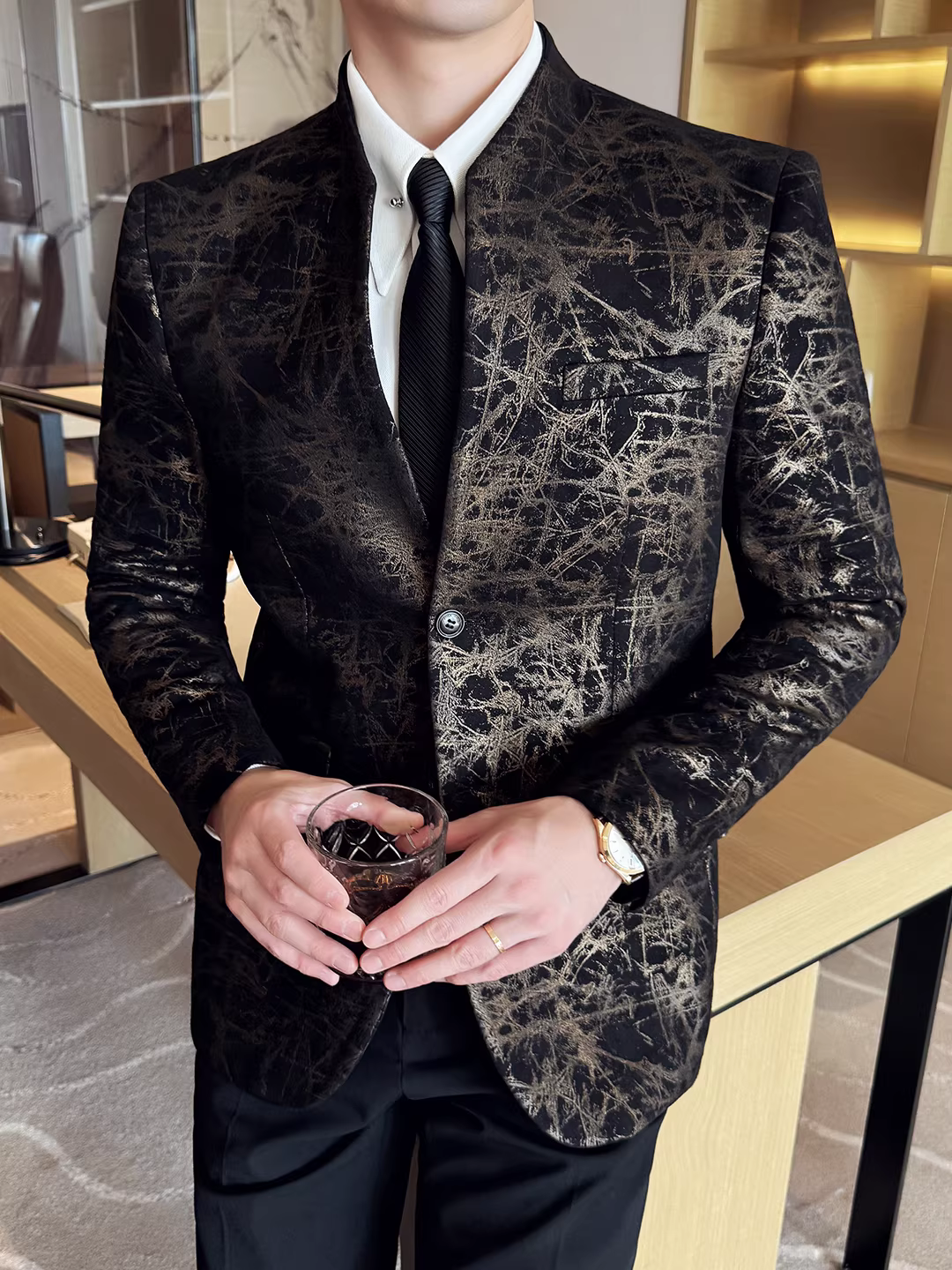 Áo vest nam kiểu Hàn Quốc ôm dáng, cổ đứng kiểu Trung Hoa, chất liệu jacquard thời trang, phong cách thường ngày