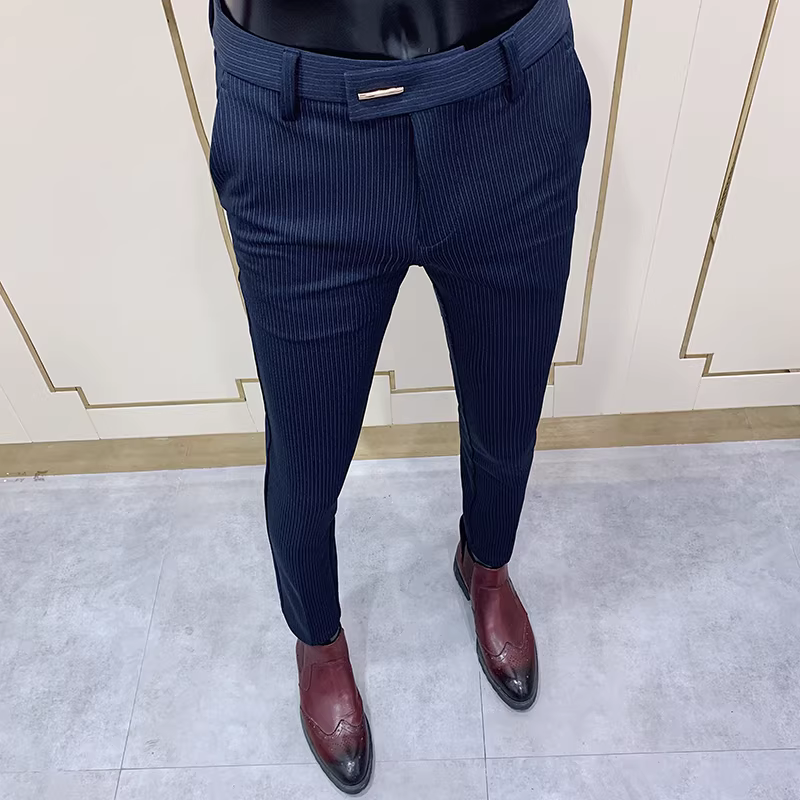 Quần âu nam chín phần, kiểu dáng mỏng mùa hè, quần âu sọc mỏng hợp thời trang Hàn Quốc, dáng ôm, ống côn, thời trang, không nhăn.