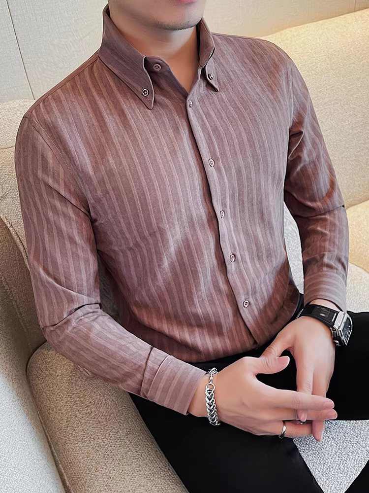 Áo sơ mi nam cao cấp kẻ sọc, tay dài, kiểu mới thu đông 2024, phong cách công sở lịch lãm, ôm dáng, hợp thời trang, cá tính.